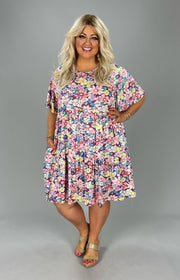 53 PSS-D {Above The Noise}  Magenta Multi Floral Print Dress PLUS SIZE 1X, 2X, 3X