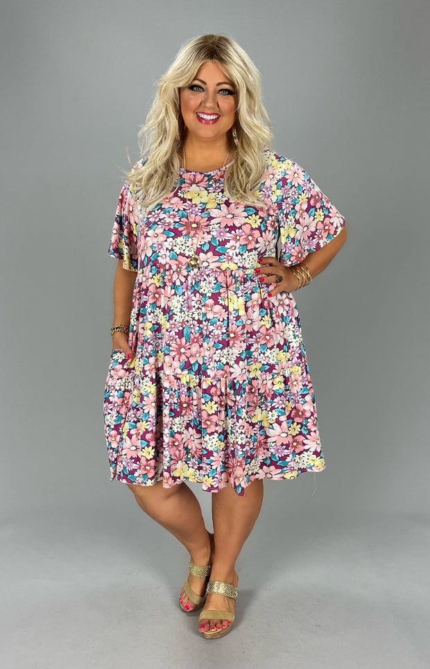 53 PSS-D {Above The Noise}  Magenta Multi Floral Print Dress PLUS SIZE 1X, 2X, 3X