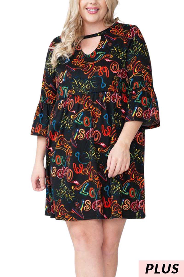 SALE!! 28 PQ-B {Scripted Style} Black Print Keyhole Babydoll Dress PLUS SIZE XL 2X 3X