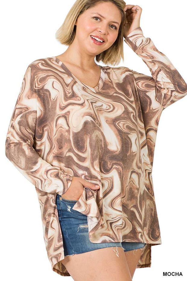 27 PLS {Saw You Looking} Mocha Marbled Print Top PLUS SIZE 1X 2X 3X