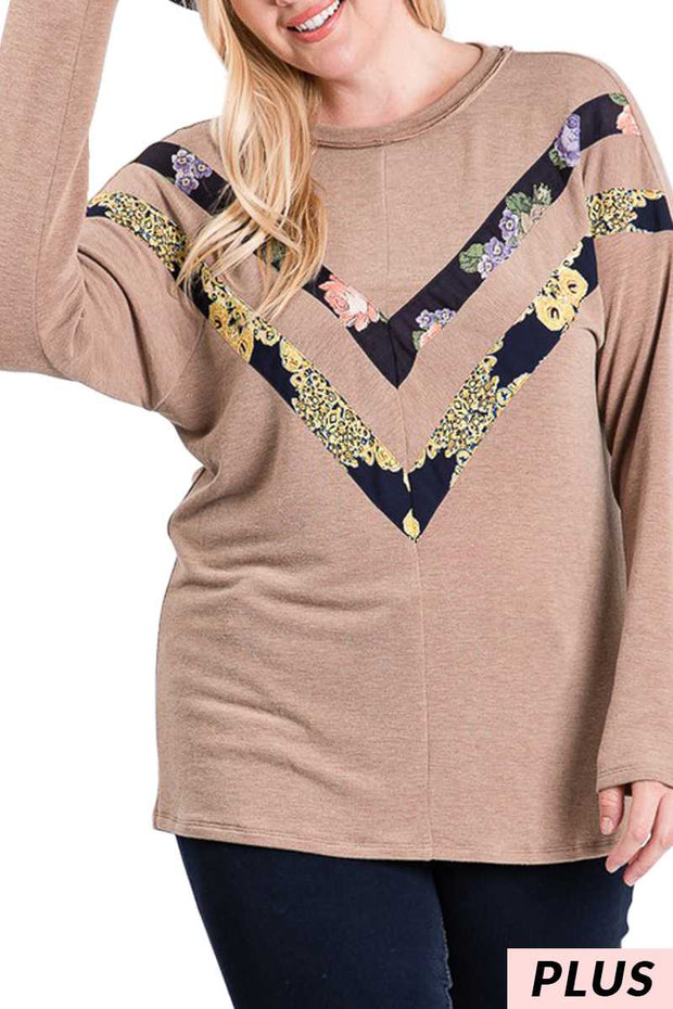 SALE! 15 CP {Double The Fun} Mocha Top w/Floral V Accent PLUS SIZE 1X 2X 3X