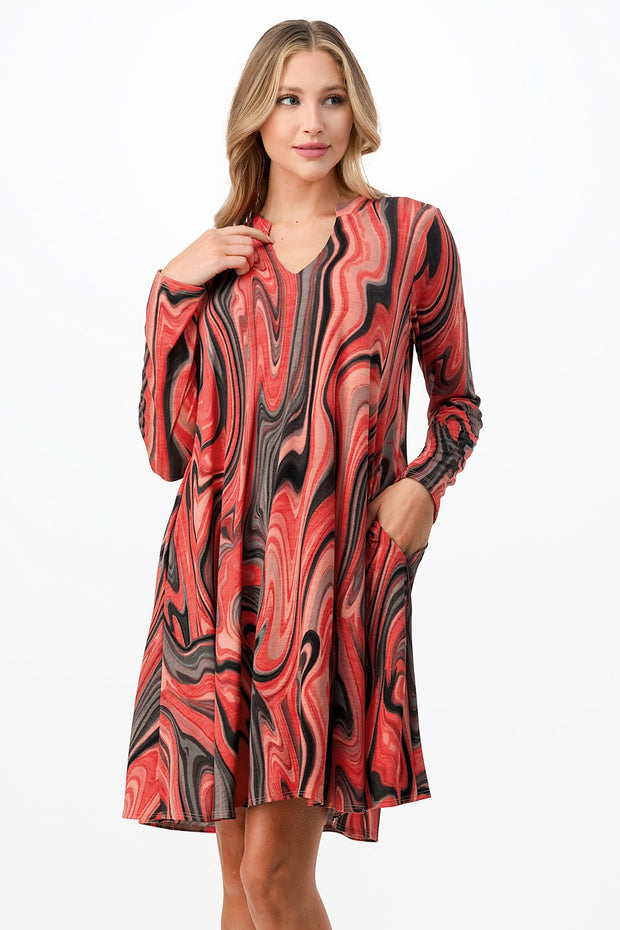 95 PLS-A {Keep The Swirls} Red Print Dress W/Pockets PLUS SIZE 1X 2X 3X