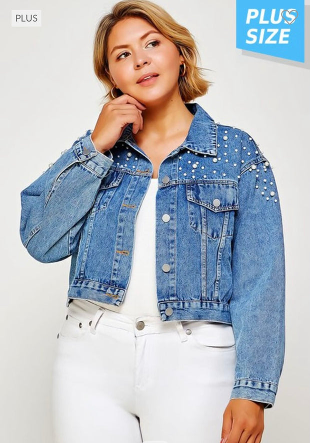 SALE!! 41 OT-B  {Elegant Denim} Denim Jacket with Pearl Detail (RUNS SMALL) PLUS SIZE 1X/2X 2X/3X