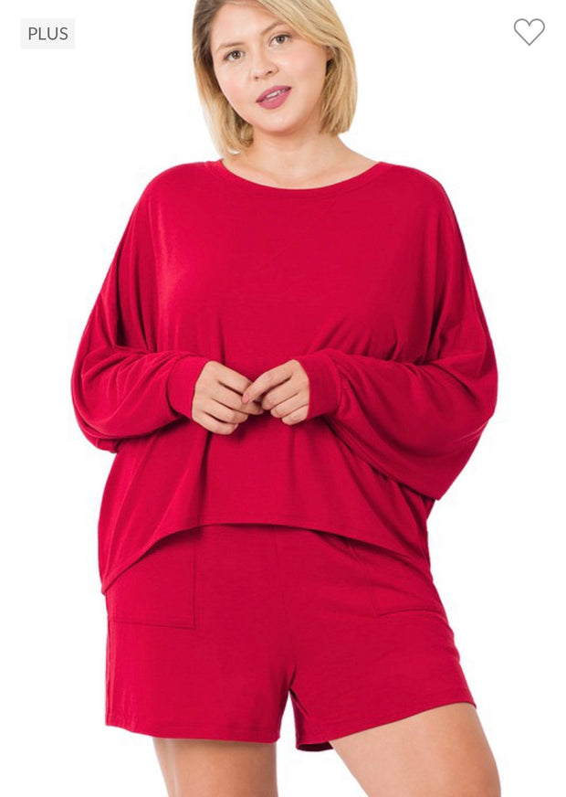 21  SET-C {The Good Life} Red Long Sleeve Short  Set PLUS SIZE 1X 2X 3X