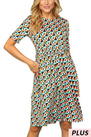 SALE!! 18 PSS-J {Follow My Lead} Aqua/Pink Geo Print Dress PLUS SIZE 1X 2X 3X