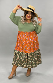 SALE!! LD-M {Garden Date} Rust/Olive Floral Tiered Dress PLUS SIZE 1X 2X 3X