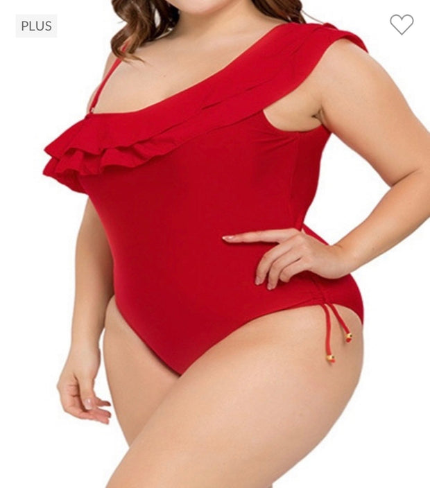 SWIM-A {One Shoulder Wonder} Red Ruffled One Piece Swimsuit PLUS SIZE 1X 2X 3X