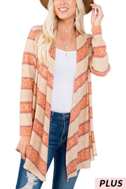 34-OT-X  {Chain Of Events}  Taupe/Rust Cardigan Plus Size 1X 2X 3X