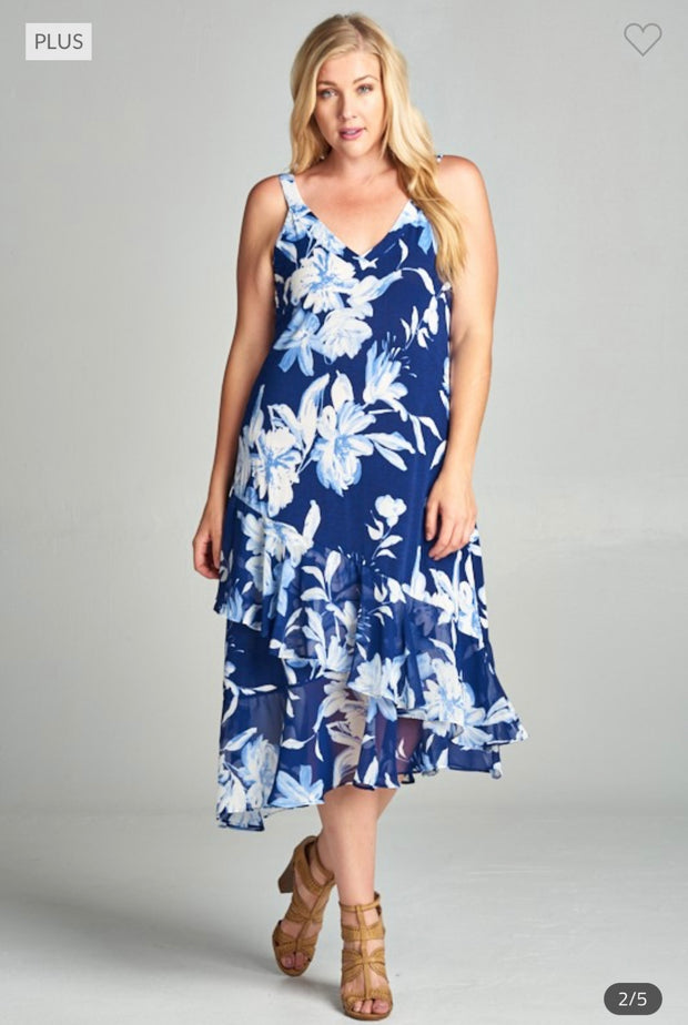 SALE!! LD-B {Forgotten Romance} Blue Floral Midi Dress PLUS SIZE 1X 2X 3X