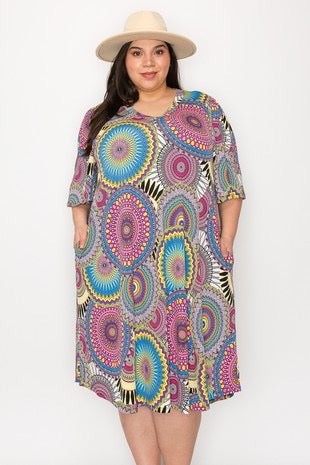 SALE!! 40 PSS-O {My Heart Sings} Multi-Color Mandala Print Dress EXTENDED PLUS SIZE 3X 4X 5X