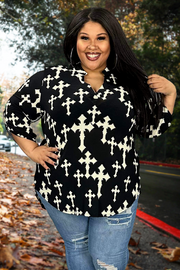 SALE!! 81 PQ-A {Near The Cross} Black Cross Print Roll-Tab Sleeve Top PLUS SIZE 1X 2X 3X