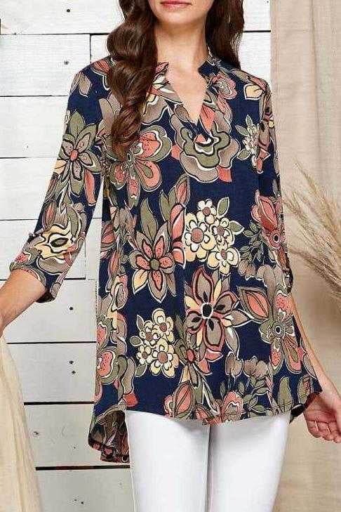 SALE!! 35 PQ-R {Eye On The Prize} Navy Floral V-Neck Tunic PLUS SIZE XL 2X 3X