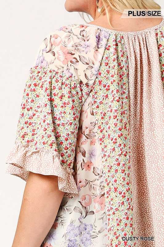 SALE!! 24 CP-W {Made The News} Dusty Rose Mixed Print Top PLUS SIZE XL 1X 2X