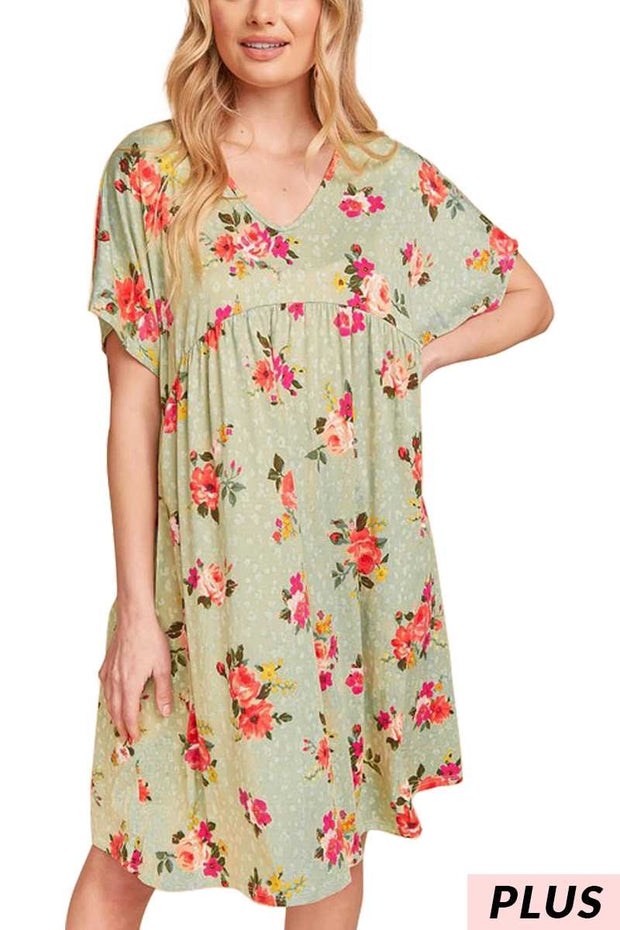 56 PSS-F {Chasing Love} Sage Floral Babydoll Dress PLUS SIZE XL 2X 3X