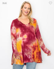 21 PLS-A {Wine & Dine} Wine Tie Dye  V-Neck Top PLUS SIZE XL 2X 3X