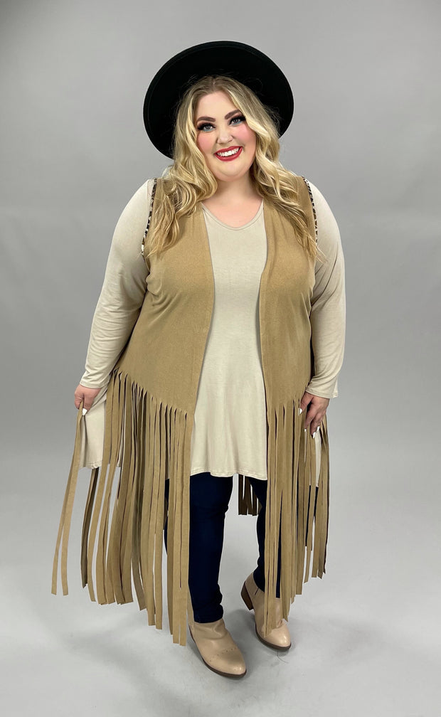 59 OT-B {Beyond The Fringe} Camel Vest W/Fringe PLUS SIZE 1X 2X 3X