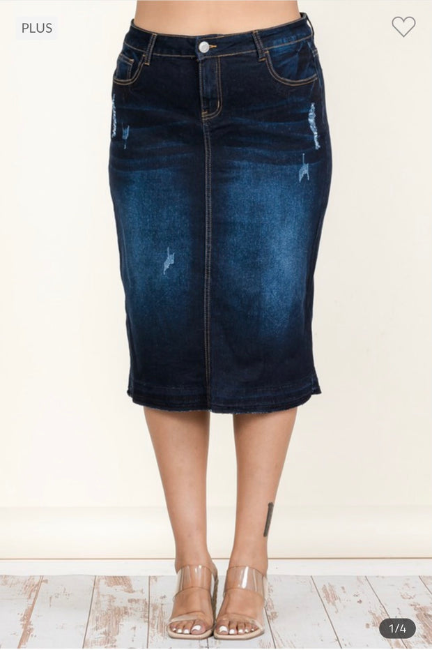 BT-99 {Lighten The Mood} Dk   Indigo Denim Distressed Skirt