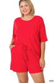 SALE!! LEG-21 {Got Things To Do} Ruby Red Short Sleeve Short Set PLUS SIZE 1X 2X 3X