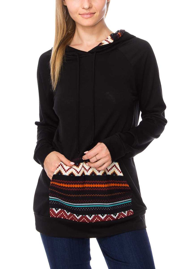 23 HD-E {Waiting On Forever}  Black Tribal Print Pocket Hoodie PLUS SIZE XL 2X 3X