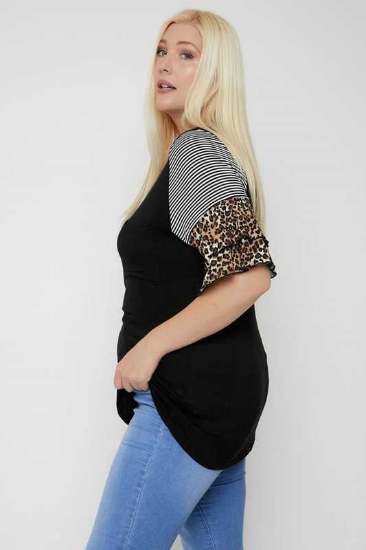 SALE!! 22 CP-O {All Up To You} Black Leopard Ruffle Sleeve Top PLUS SIZE XL 2X 3X