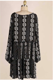 SALE!! PLS-A {Little Darling}  Black & Ivory Floral  Print Elastic Sleeve  Dress