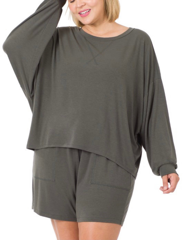 21 SET-H {The Good Life} Ash Gray Long Sleeve Short  Set Plus Size 1X 2X 3x