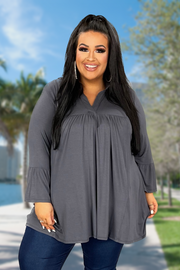 36 SQ-F {Pretty Pleasing} Solid Charcoal Babydoll V-Neck Top PLUS SIZE XL 2X 3X