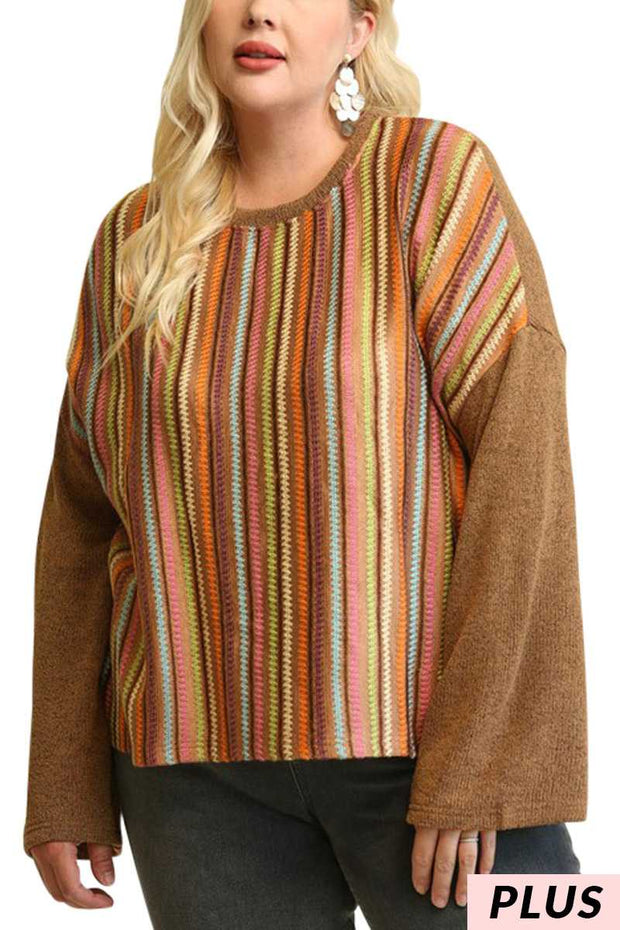 SALE! 13 PLS {More Than Extra} Brown Sweater Top w/Stripes PLUS SIZE XL 1X 2X