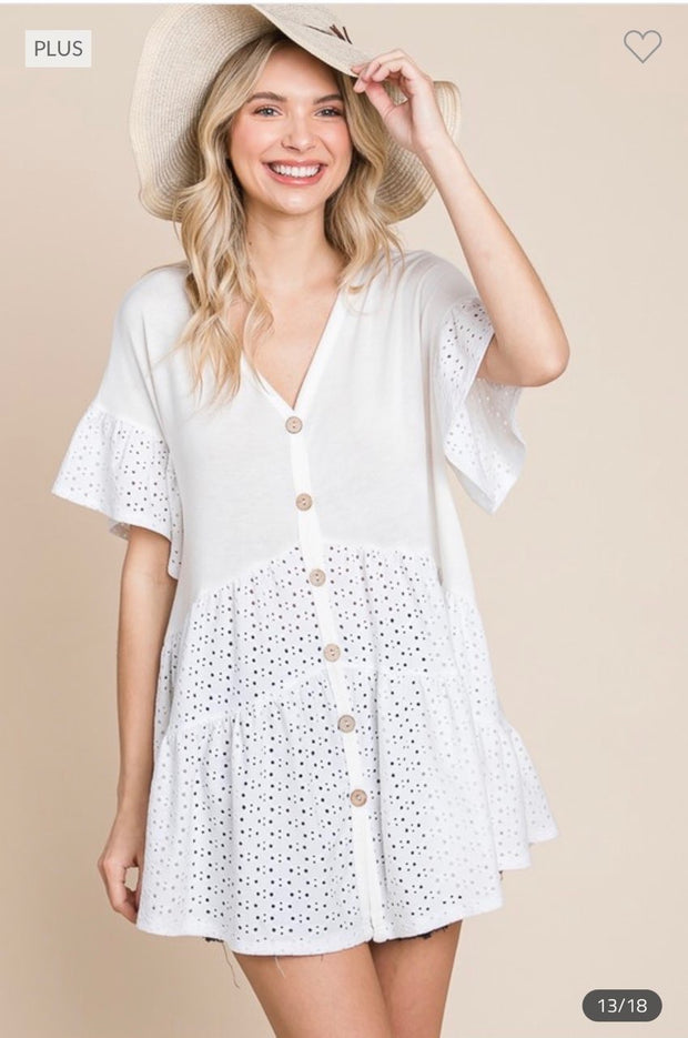 SALE!! 96 CP-B {Eyelet On Board} Ivory Button Up Eyelet Top PLUS SIZE 1X 2X 3X