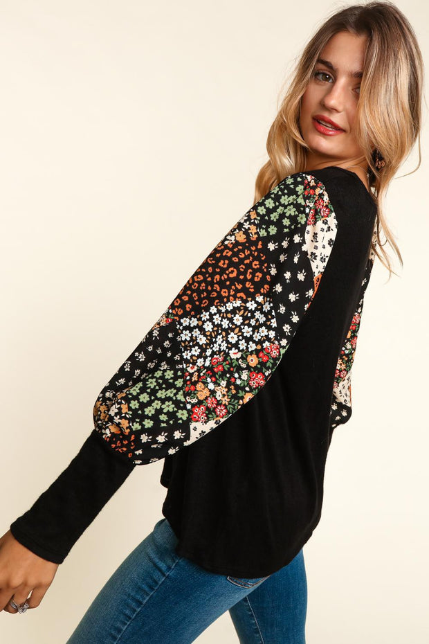 48 PLS {Artistic Nature} Black Top w/Floral Sleeves PLUS SIZE XL 2X 3X