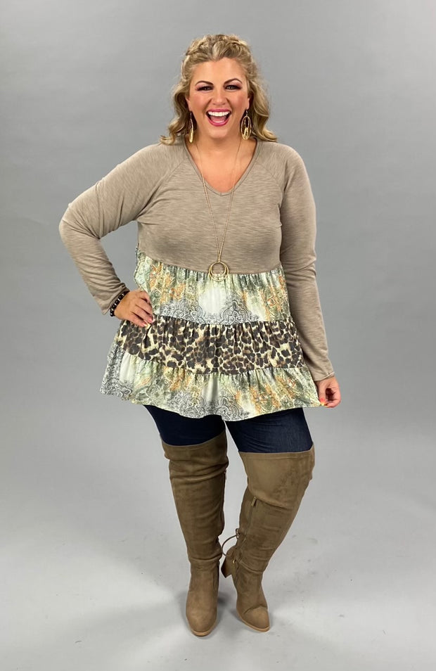 89  CP-D {Smitten} Tan Print Multi-Tiered Top PLUS SIZE 1X 2X 3X