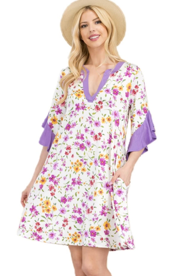 SALE!! 33 CP-C {Floral Dreams} Lavender Floral Ruffle Sleeve Dress PLUS SIZE XL 2X 3X