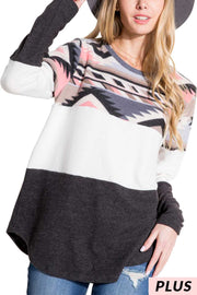 25 CP {Market Square} Coral/Charcoal Tribal Print Top PLUS SIZE 1X 2X 3X