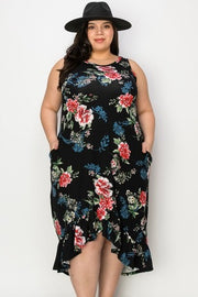 LD-Q {Dark Blooms} Black Floral High/Low Maxi Dress PLUS SIZE 1X 2X 3X