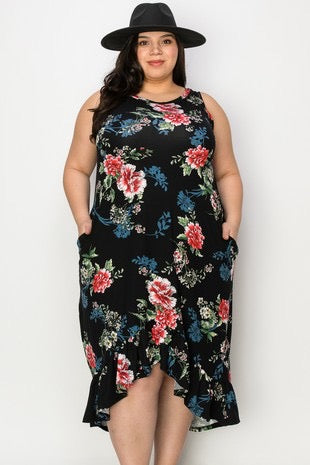 SALE!! LD-Q {Dark Blooms} Black Floral High/Low Maxi Dress PLUS SIZE 1X 2X 3X