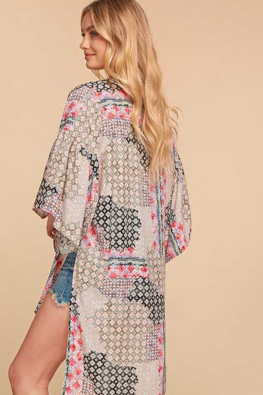 SALE!! 19 OT-R {Delicately Delivered} Charcoal Coral Print Kimono PLUS SIZE XL 2X 3X