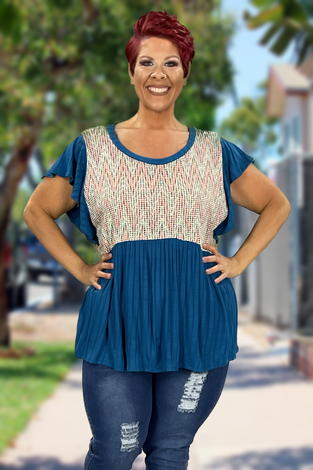 SALE!! 82 CP-P {Unique Feeling} Teal/Ivory Mix Babydoll Top PLUS SIZE XL 2X 3X