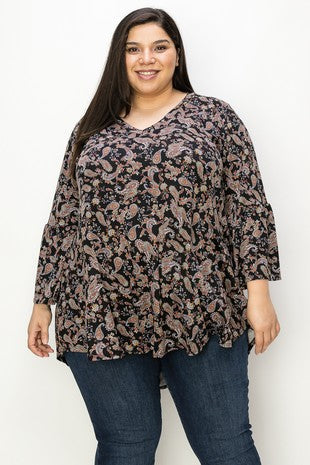 24 PQ {Plenty To Love} Black Paisley Print V-Neck Top EXTENDED PLUS SIZE 3X 4X 5X