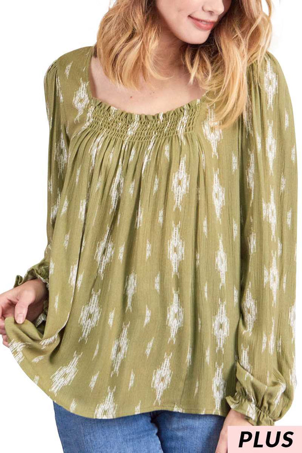 28 PLS {Let's Talk} Olive Print Square Smocked Neck Top PLUS SIZE XL 2X 3X