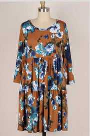 32  PQ-B {Bloom Into Fall} Brown/Blue Floral Tiered Dress PLUS SIZE 1X 2X 3X