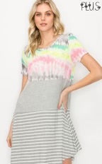 92 CP-D {Happier Now} H. Grey/Multi Tie Dye Stripe Dress PLUS SIZE XL 2X 3X