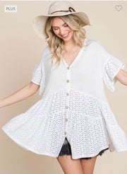 SALE!! 96 CP-B {Eyelet On Board} Ivory Button Up Eyelet Top PLUS SIZE 1X 2X 3X