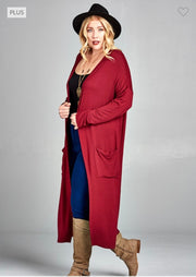 LD-Q {Class And Charm} Burgundy Long Duster w/Pockets PLUS SIZE XL 2X 3X