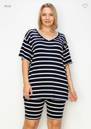 SALE!! 36 SET-G {Final Countdown} Navy Striped Short Set PLUS SIZE 1X 2X 3X 4X 5X