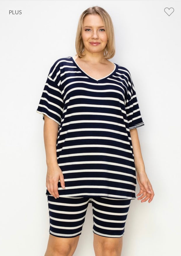 36 SET-G {Final Countdown} Navy Striped Short Set PLUS SIZE 1X 2X 3X 4X 5X