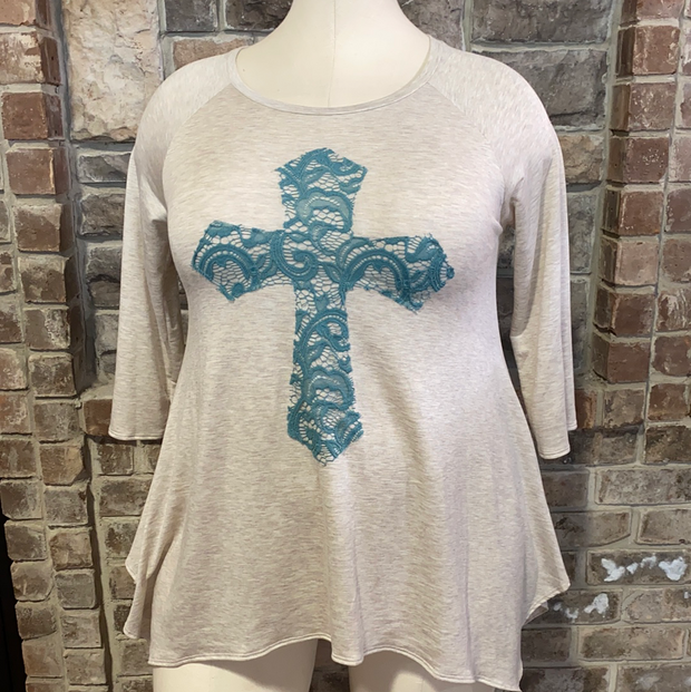 29  GT-D {Don't Cross Me} Oatmeal Blue Cross Detail Top  PLUS SIZE XL 2X 3X