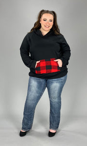 37 HD-B {Feelings For You} Black Red Plaid Detail Hoodie  PLUS SIZE XL 2X 3X