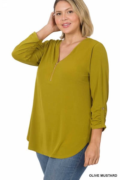 33 SD-B {Classy Threads} Olive Top with  Gold Zipper  Detail PLUS SIZE 1X 2X 3X