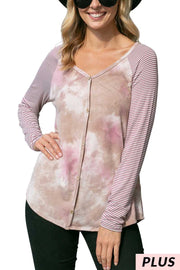 23 CP {Go For Broke} Taupe/Mauve Tie Dye Top w/Stripe Sleeves PLUS SIZE 1X 2X 3X