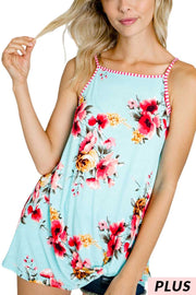 38 SV-S {Sweet Times} Aqua Floral Spaghetti Strap Top PLUS SIZE 1X 2X 3X